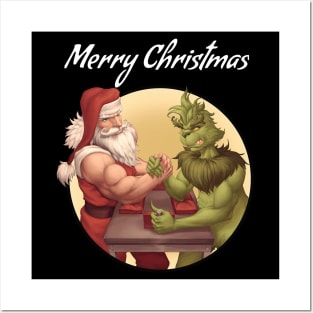 Santa vs Grinch Christmas Armwrestling Posters and Art